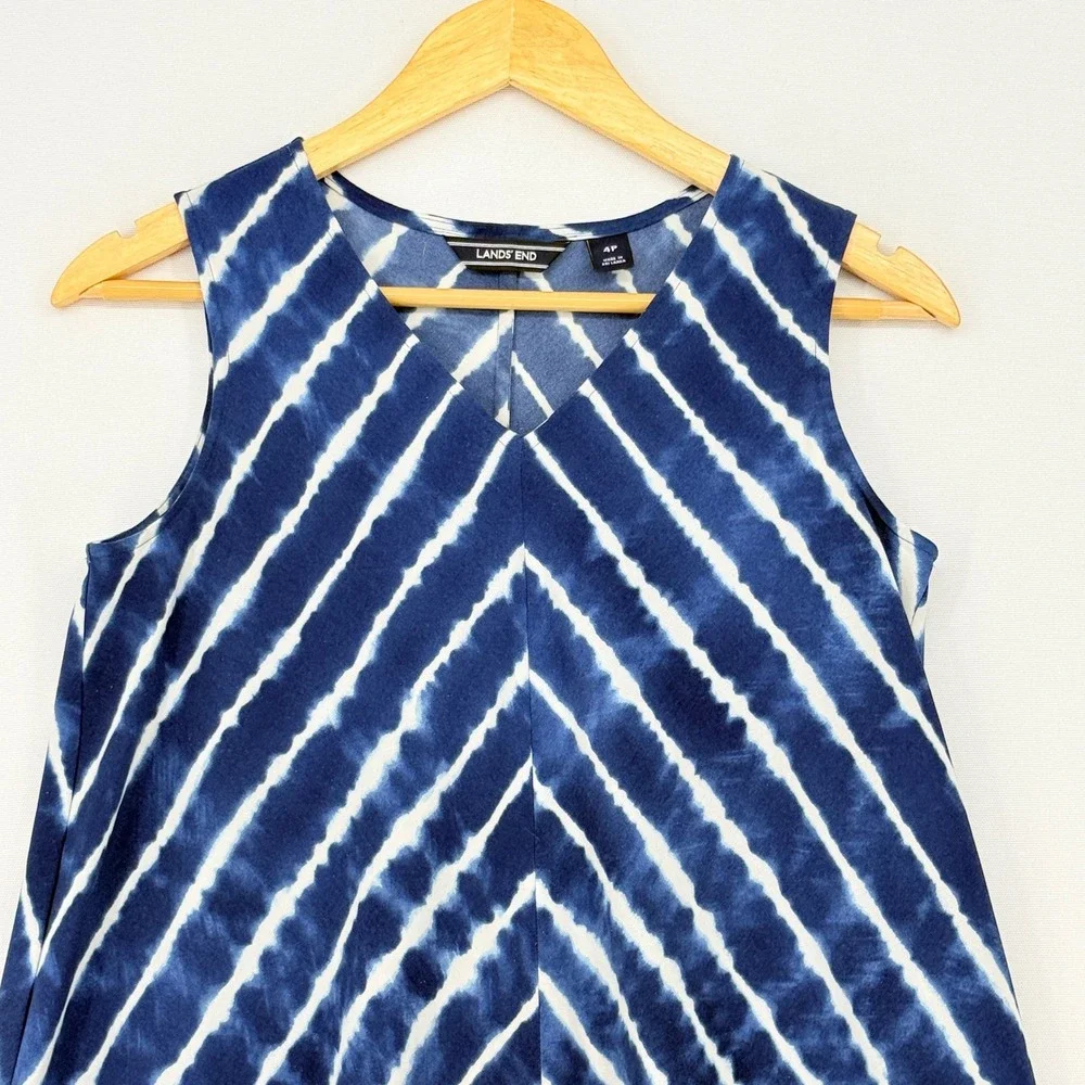 Lands End Midi Dress Womens 4 Petite Blue Tie Dye Chevron Coastal Beach Nautical